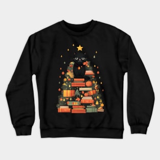 Cute Christmas Cat Books Tree Crewneck Sweatshirt